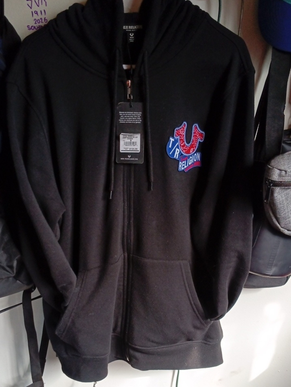 True Religion Black Zip-Up Hoodie All Different Kinds Of Signs On The Back NWT